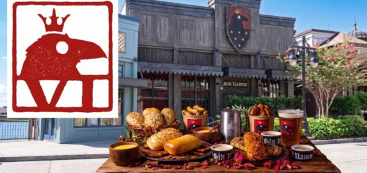 A featured image for a news article summarizing Six Ravens at Disney Springs. The composition features a large, detailed red logo of the crowned raven profile on the left. The background is a wide-angle photograph of the tavern exterior with its primary shield logo. In the foreground, a detailed rustic wooden table holds a full meal: multiple savory Coffyn hand pies, buckets of Tale Teller Tatties smashed potatoes, various dipping sauces, a metal mead tankard, and a pint glass of amber craft beer.