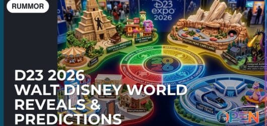 Detailed collage of D23 2026 Walt Disney World concept models and predictions showing Tropical Americas Encanto land at Animal Kingdom, Piston Peak Cars Land at Magic Kingdom, Villains Land, Monstropolis with Glob Theater and Harryhausen’s at Hollywood Studios, Critter Carousel, and reimagined Test Track plus Imagination Pavilion at EPCOT surrounding a central 2026 hub