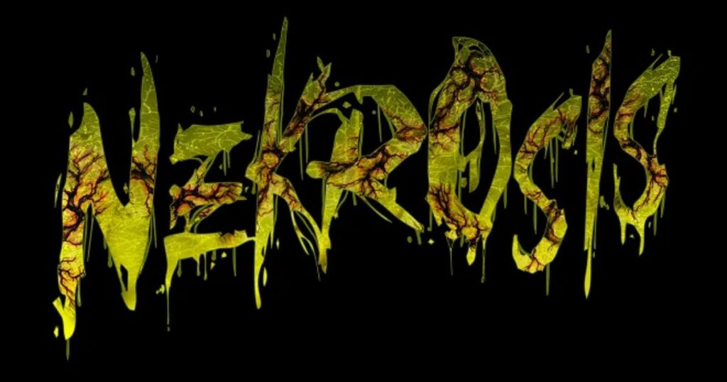 SeaWorld Orlando Spooktacular & Howl-O-Scream 2026 7 The word Nekrosis written in dripping, veiny, sickly green and yellow flesh-like letters against a solid black background.