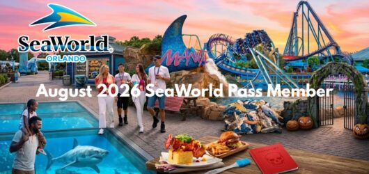 SeaWorld Orlando promotional banner featuring roller coasters, aquarium views, BBQ food samples, and Howl-O-Scream elements overlaid with text reading August 2026 SeaWorld Pass Member.