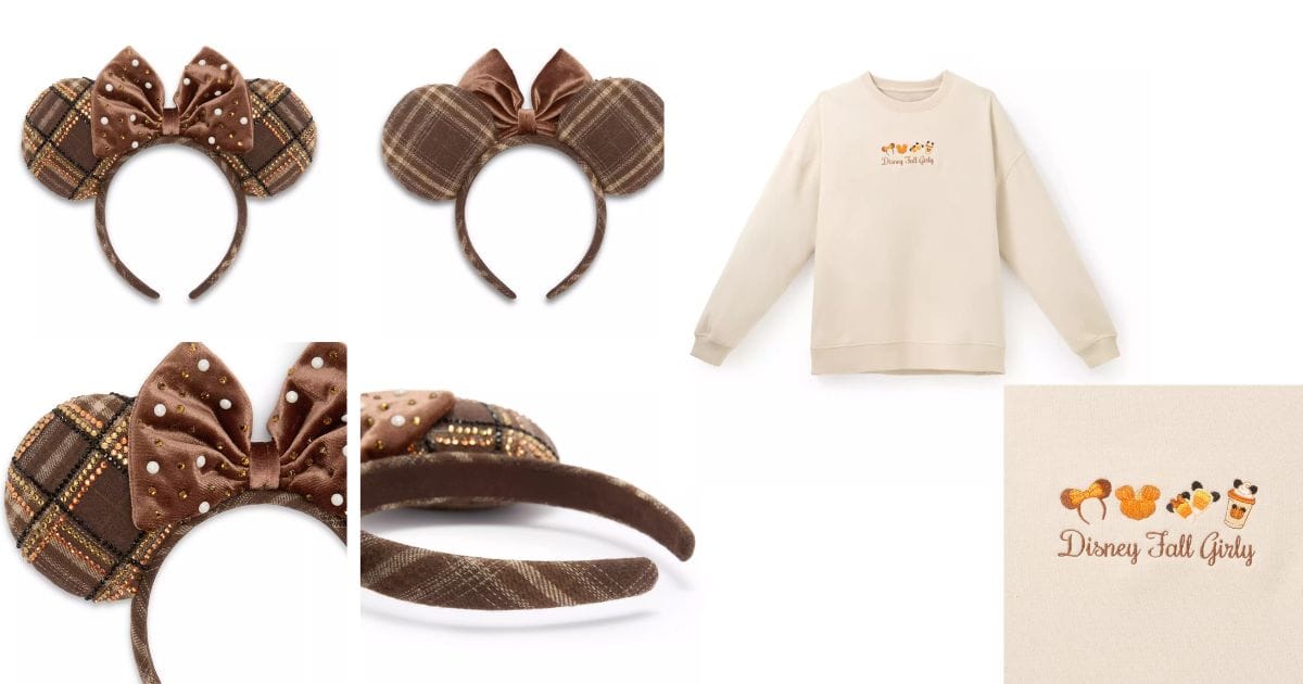 Disney Store Drops "Fall Feels Enchanted" Cozy Merchandise Collection 3 BaubleBar Minnie Mouse Plaid Ears and Disney Fall Girly Pullover Sweatshirt