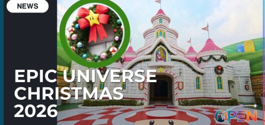 News graphic announcing Epic Universe Christmas 2026, featuring Peach's Castle and an inset of a Super Mario-themed holiday wreath.
