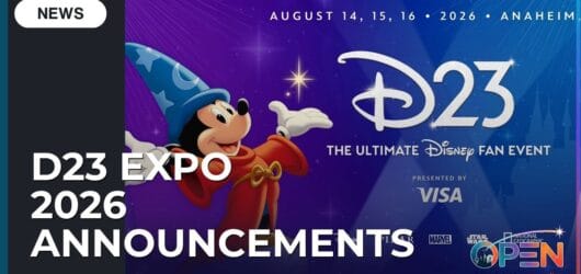 D23 2026 Announcements: Marvel X-Men Cast, Star Wars Starfighter, and Pixar Slates 4 Official D23 Expo 2026 news graphic featuring Sorcerer Mickey Mouse casting a spell against a purple starry background with Cinderella Castle silhouette, event dates August 14-16 2026 in Anaheim, D23 The Ultimate Disney Fan Event logo presented by Visa, and studio logos for Pixar, Marvel, Star Wars, and National Geographic