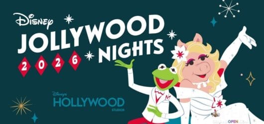 Promotional banner for Disney Jollywood Nights 2026 at Disney's Hollywood Studios featuring Kermit the Frog and Miss Piggy.