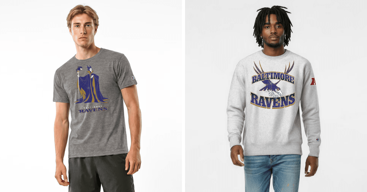 All 32 NFL Teams Disney x Champion Collab Apparel Guide 3 Disney Baltimore Ravens apparel collection featuring Maleficent and raven motifs