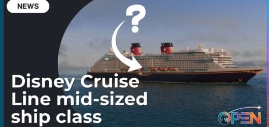 Disney Cruise Line Unveils New Mid-Sized Ship Class for Global Route Expansion 4 News graphic previewing Disney Cruise Line's upcoming mid-sized ship class debuting in 2029, featuring an ocean liner profile and a question mark highlighting the new vessel class.