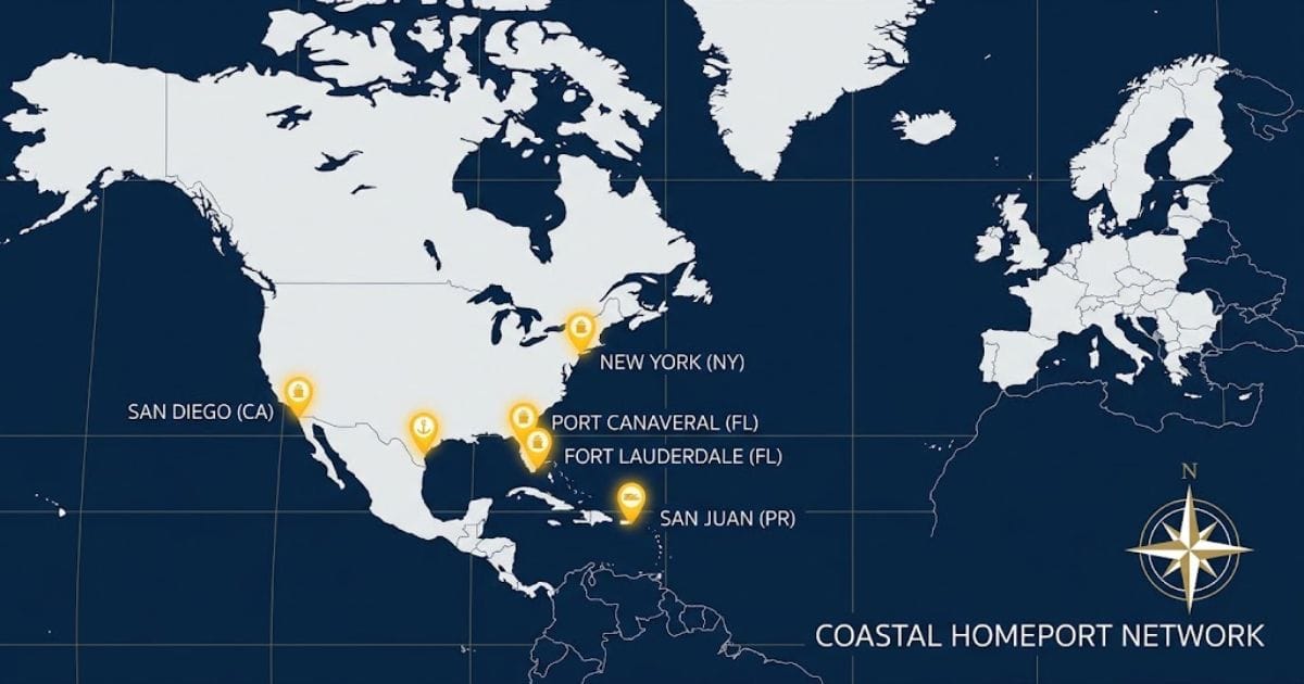 Disney Cruise Line Fall 2027–Spring 2028 Itineraries: Disney Wish New York Debut and Fleet Redeployment 3 Disney Cruise Line 2027 itinerary map showing navigational departure hubs and ports of call