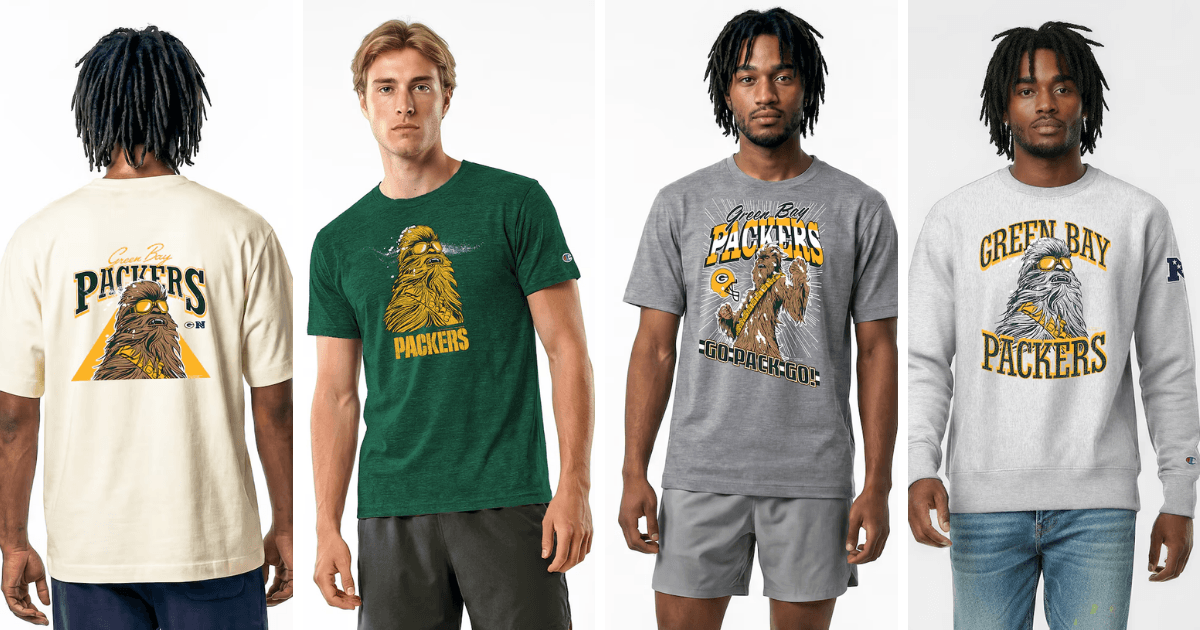 All 32 NFL Teams Disney x Champion Collab Apparel Guide 25 Disney Green Bay Packers apparel featuring Chewbacca