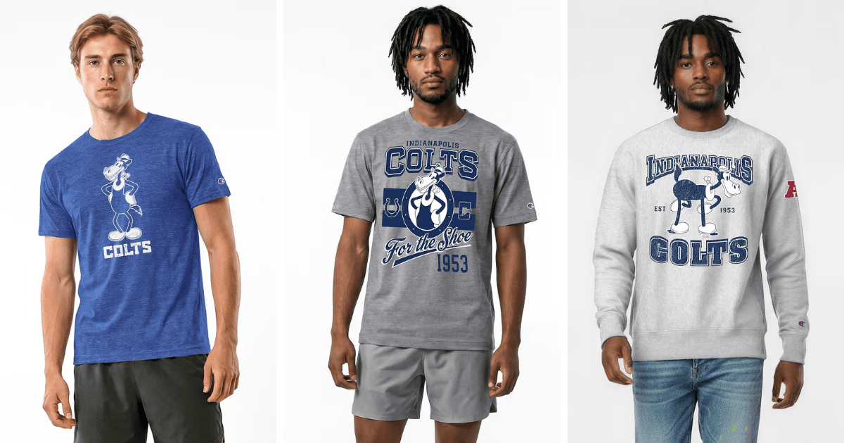 All 32 NFL Teams Disney x Champion Collab Apparel Guide 9 Disney Indianapolis Colts apparel featuring Goofy