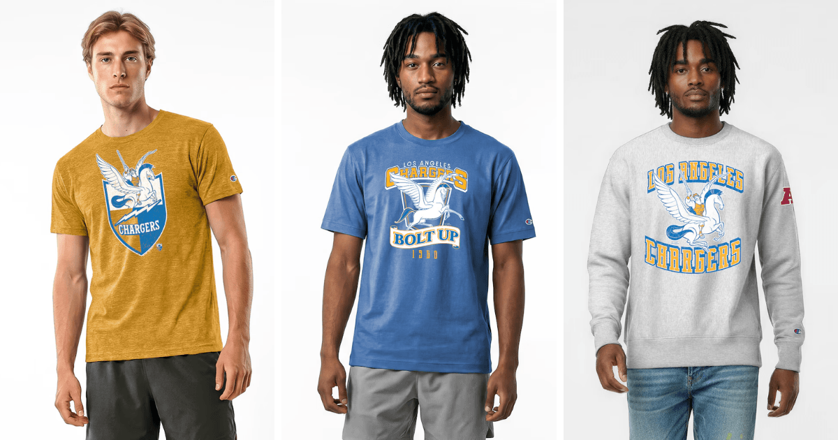 All 32 NFL Teams Disney x Champion Collab Apparel Guide 13 Disney Los Angeles Chargers apparel featuring Pegasus