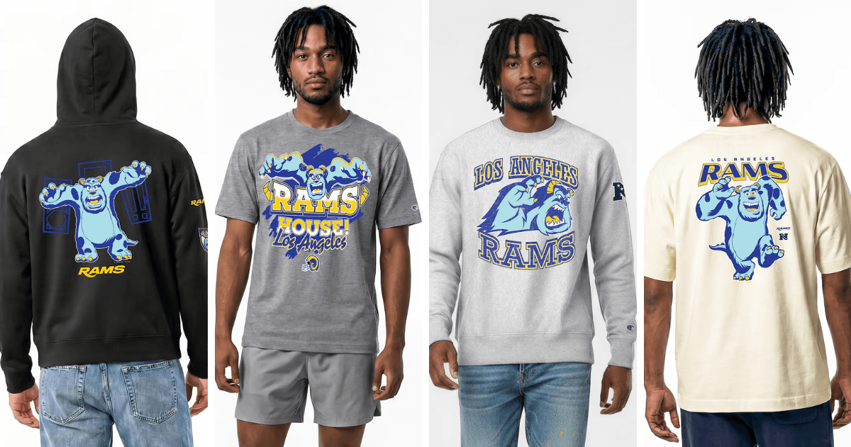 All 32 NFL Teams Disney x Champion Collab Apparel Guide 26 Disney Los Angeles Rams apparel featuring Sulley