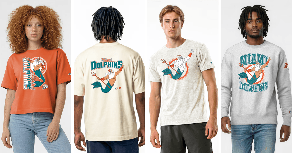 All 32 NFL Teams Disney x Champion Collab Apparel Guide 14 Disney Miami Dolphins apparel featuring King Triton