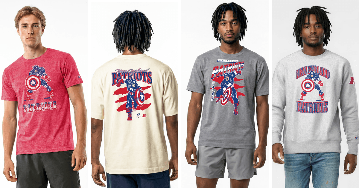 All 32 NFL Teams Disney x Champion Collab Apparel Guide 15 Disney New England Patriots apparel featuring Captain America