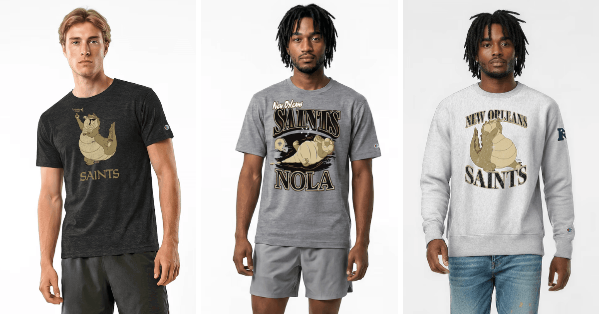 All 32 NFL Teams Disney x Champion Collab Apparel Guide 28 Disney New Orleans Saints apparel featuring Louis the Alligator