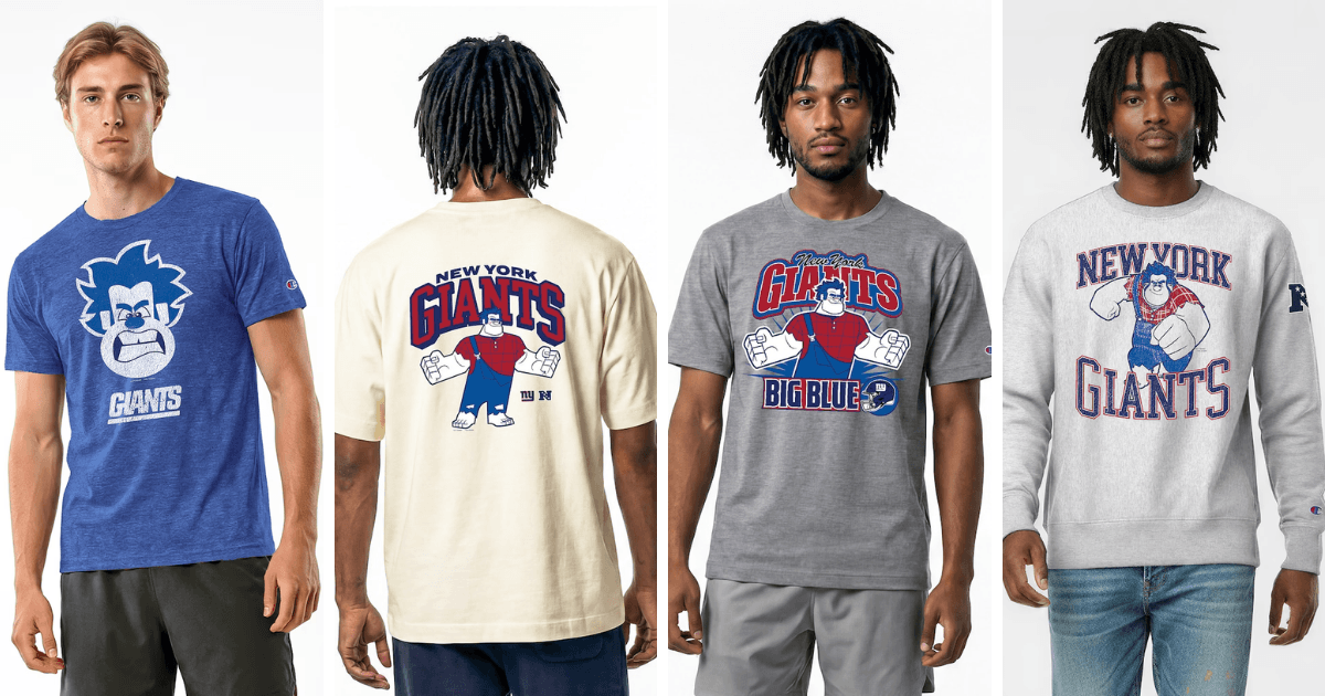 All 32 NFL Teams Disney x Champion Collab Apparel Guide 29 Disney New York Giants apparel featuring Wreck-It Ralph