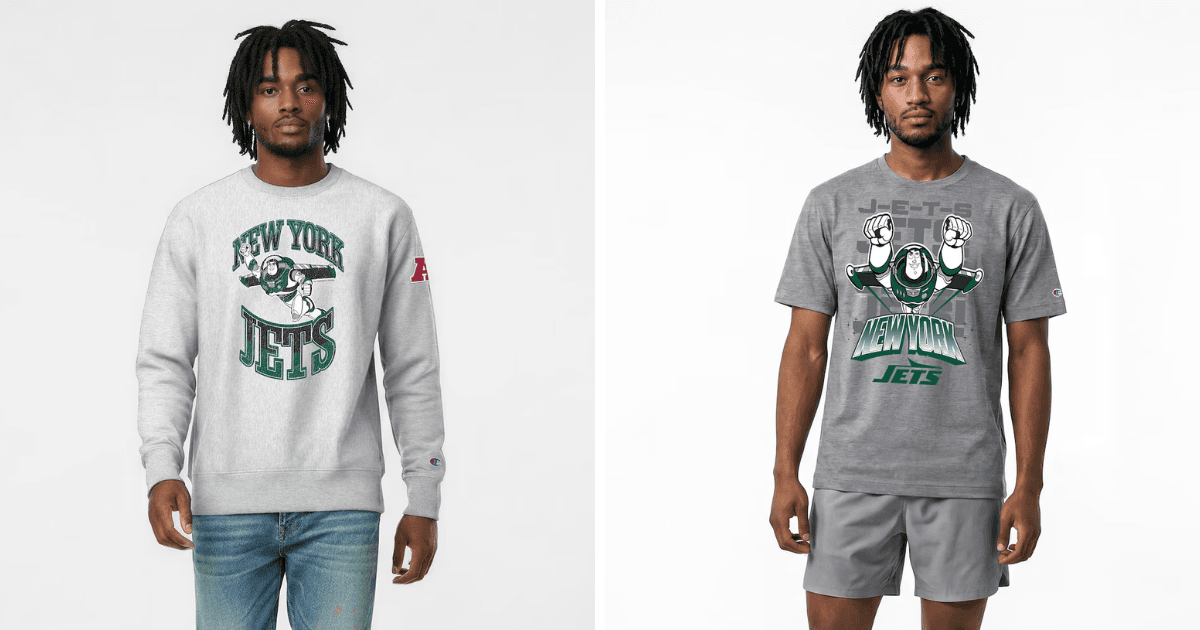 All 32 NFL Teams Disney x Champion Collab Apparel Guide 16 Disney New York Jets apparel featuring Buzz Lightyear