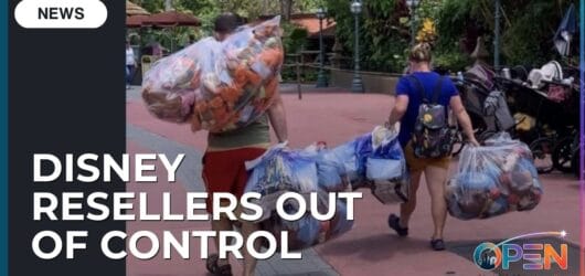 Sold Out in Seconds: Inside the Battle Between Walt Disney World and Live-Selling Resellers 7 Two guests walking through a Disney theme park carrying extremely large, overflowing clear bags of hoarded merchandise, with a text overlay reading "Disney Resellers Out of Control."