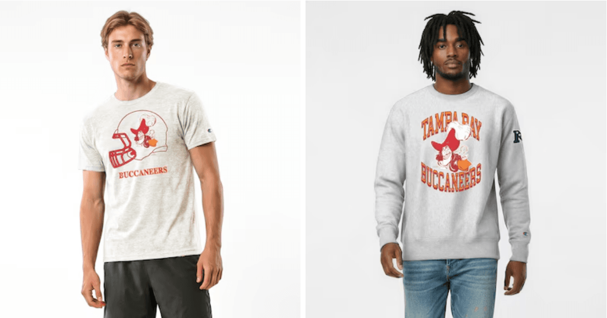 All 32 NFL Teams Disney x Champion Collab Apparel Guide 33 Disney Tampa Bay Buccaneers apparel featuring Captain Hook