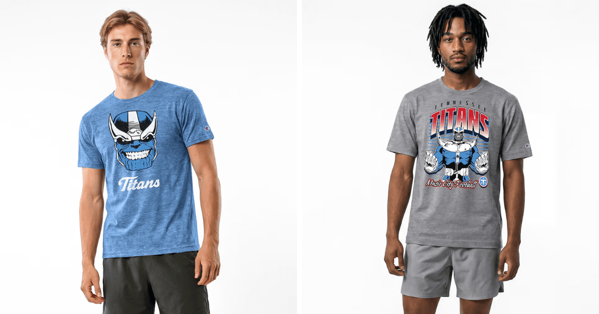 All 32 NFL Teams Disney x Champion Collab Apparel Guide 18 Disney Tennessee Titans apparel featuring Thanos
