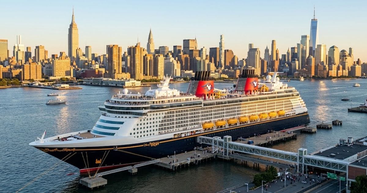 Disney Cruise Line Fall 2027–Spring 2028 Itineraries: Disney Wish New York Debut and Fleet Redeployment 4 Disney Wish docked at Manhattan Cruise Terminal Pier 88 in New York City