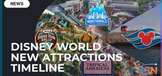 Disney Parks Multi-Year Master Plan: Full Attraction, Land, and Fleet Timeline Breakdown 4 Comprehensive news graphic showcasing the upcoming Walt Disney World new attractions timeline, featuring previews for Cars at Piston Peak National Park, Monstropolis, Tropical Americas, and Disney Cruise Line expansions.