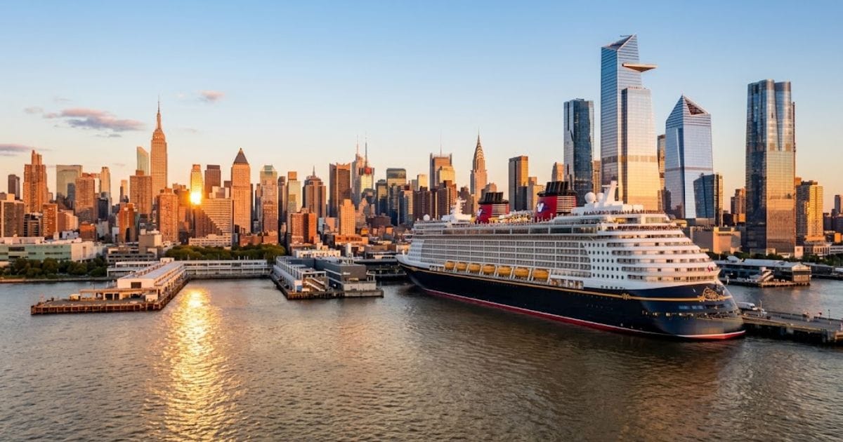 Disney Cruise Line Fall 2027–Spring 2028 Itineraries: Disney Wish New York Debut and Fleet Redeployment 5 Aerial view of Disney Wish docked on the Hudson River in New York
