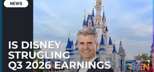 Walt Disney World Just Carried Disney's Entire Quarter: Here's What the Numbers Show 4 News thumbnail graphic reading "Is Disney Struggling? Q3 2026 Earnings" featuring Josh D'Amaro standing in front of Cinderella Castle, with the OPEN Orlando Parks & Entertainment News logo.