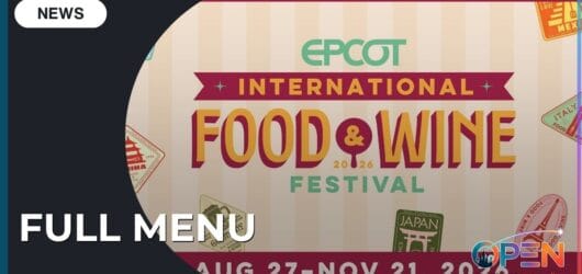Promotional title graphic for the EPCOT International Food & Wine Festival 2026 featuring the event dates August 27 through November 21, with decorative global pavilion stamps and a "Full Menu" news overlay.