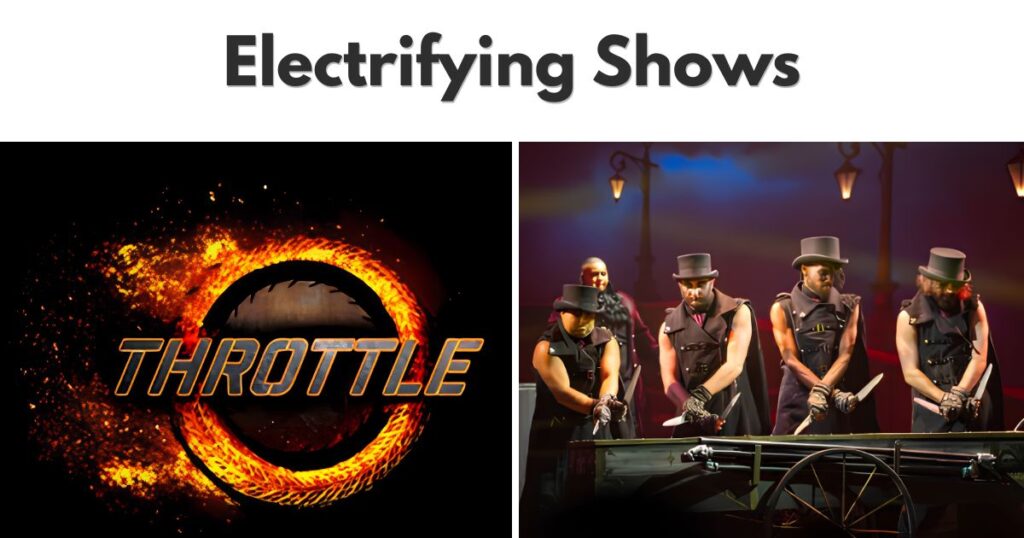 SeaWorld Orlando Spooktacular & Howl-O-Scream 2026 6 Promotional image for Electrifying Shows featuring a fiery Throttle logo on the left and five performers in black steampunk outfits holding knives on the right.
