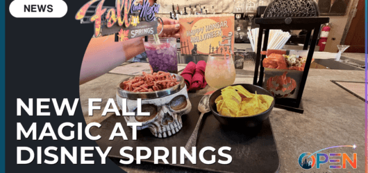 Disney Springs Halloween 2026: Food, Merchandise, and Jock Lindsey's Review 8 Fall seasonal specialty drinks, snacks, and a Happy Hangar Halloween sign displayed on a bar counter at Disney Springs.