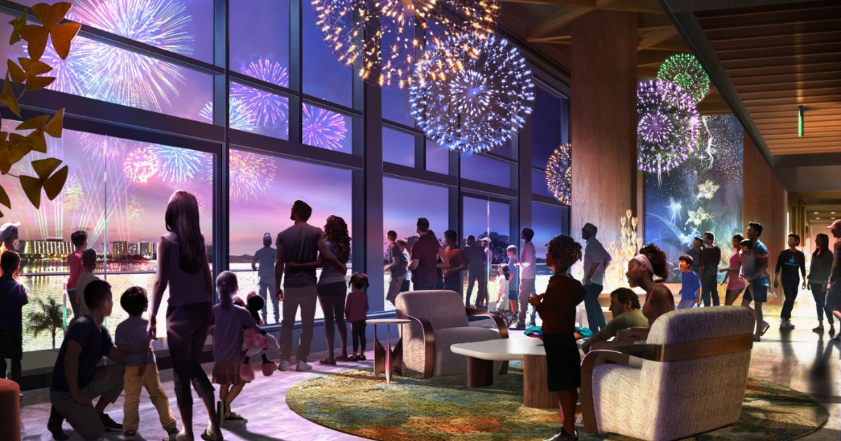 Concept art of fireworks viewing at Disney's Lakeshore Lodge