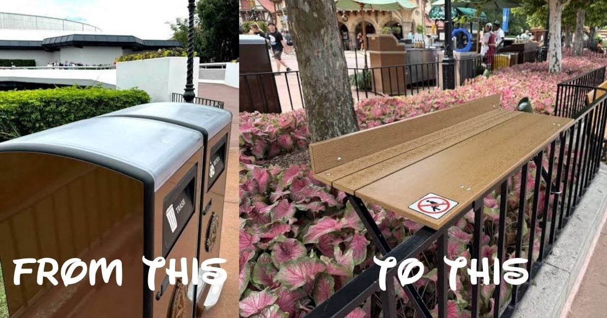 Disney Installs Railing-Mounted Standing Tables at EPCOT to Solve Festival Congestion 4 Close-up detail of heavy-duty metal bracket clamping standing table to iron balusters at EPCOT