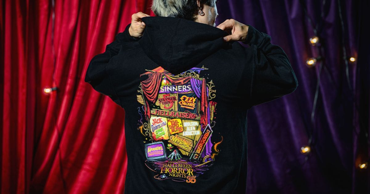 Top Food & Merch at Halloween Horror Nights 2026 — Universal Studios Florida 4 Halloween Horror Nights 35th anniversary sweatshirt featuring Jack the Clown and Dr. Oddfellow