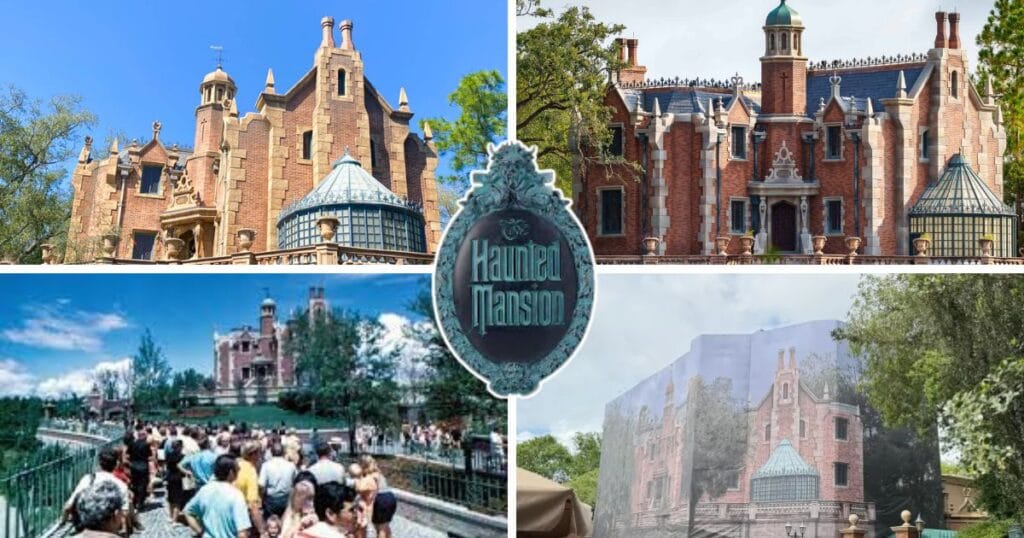 A collage showing the evolution of the Haunted Mansion exterior at Walt Disney World, featuring its original opening day look, construction scaffolding, and the newly refurbished darker brick exterior for 2026, centered around the attraction's bronze plaque.