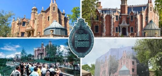 Foolish Mortals, Rejoice: Magic Kingdom's Haunted Mansion Reveals Its Original 1971 Look After Months-Long Restoration 5 A collage showing the evolution of the Haunted Mansion exterior at Walt Disney World, featuring its original opening day look, construction scaffolding, and the newly refurbished darker brick exterior for 2026, centered around the attraction's bronze plaque.
