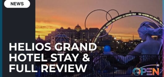 Universal Helios Grand Hotel: Complete Review and Insider Guide 5 Sunset view of Universal Epic Universe theme park and Universal Helios Grand Hotel with title text reading Helios Grand Hotel Stay and Full Review.