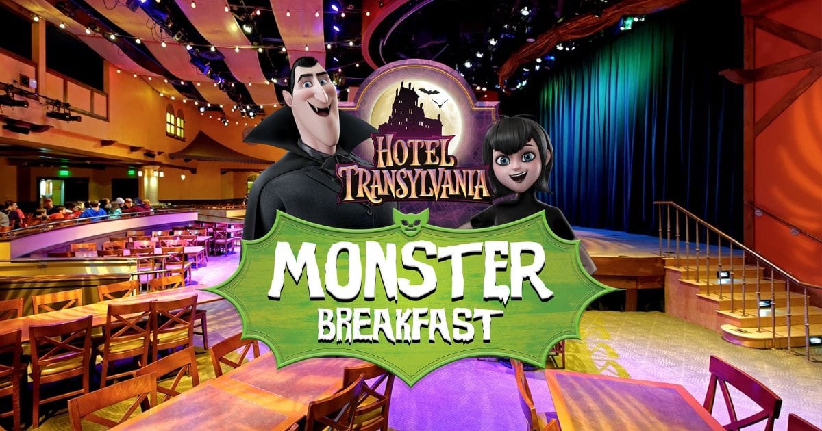 SeaWorld Orlando Halloween Spooktacular 2026 Adds Hotel Transylvania Monster Breakfast 3 Hotel Transylvania characters Frankenstein, Johnny, Mavis, and Murray posing at SeaWorld Orlando.