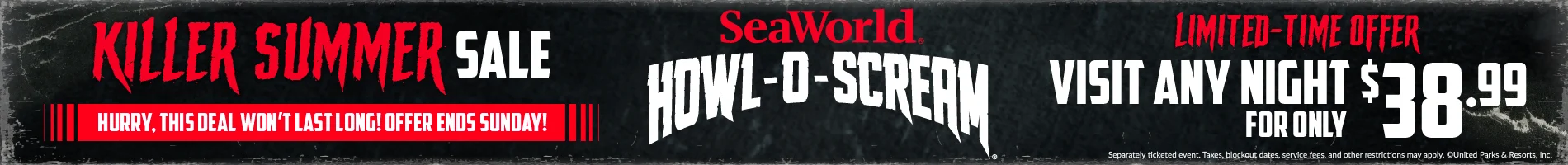 SeaWorld Orlando Unveils Pestilence and Five New Houses for Howl-O-Scream 2026 7 Killer Summer Sale promotional graphic for SeaWorld Orlando Howl-O-Scream