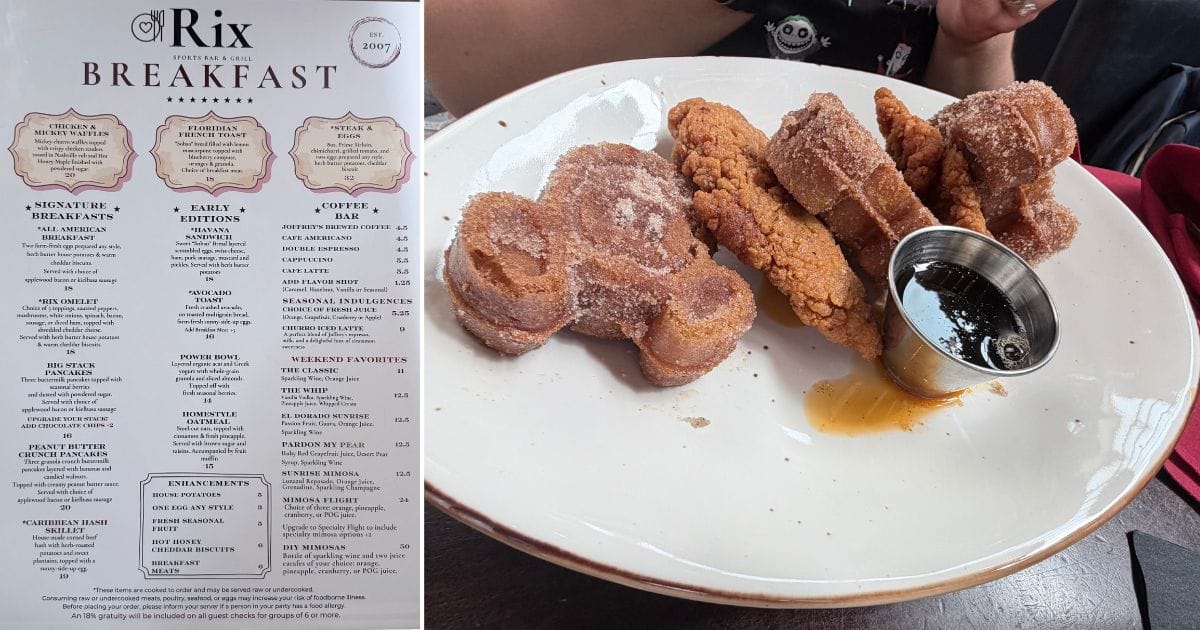 Review: Chicken and Mickey Churro Waffles at Rix Sports Bar 3 Chicken and Mickey Churro Waffles at Rix Sports Bar featuring cinnamon sugar dusted waffles and fried chicken strips