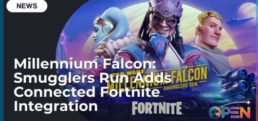 Millennium Falcon: Smugglers Run Adds Connected Fortnite Integration 6 Promotional graphic for the Millennium Falcon: Smugglers Run integration with Fortnite, featuring Hondo Ohnaka and character skins against a Star Wars backdrop.