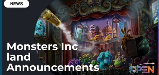 Concept art and announcement graphic for Monstropolis, the new Monsters, Inc. themed land coming to Disney's Hollywood Studios, featuring Mike and Sulley, the factory door vault, and a theater show.