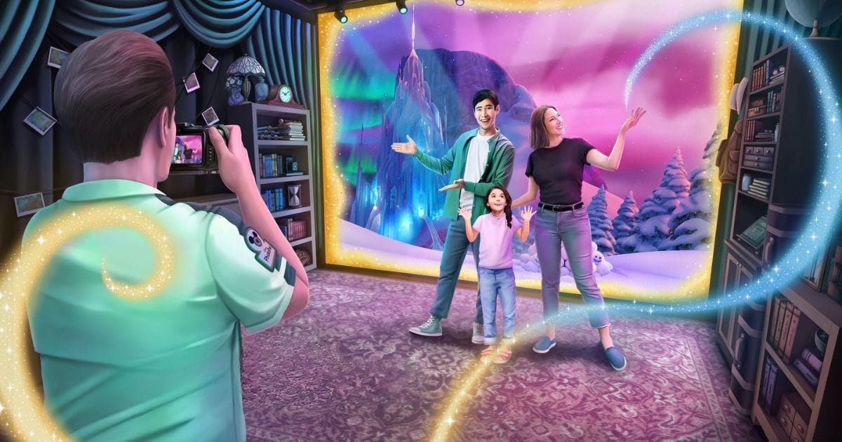 Concept art showing the reimagined Disney PhotoPass Studio hybrid stage with physical bookshelves and dynamic Frozen backdrop