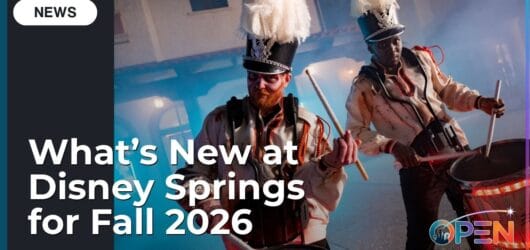 A news graphic titled "What's New at Disney Springs for Fall 2026" featuring two spooky marching band drummers and the OPEN Orlando Parks & Entertainment News logo.