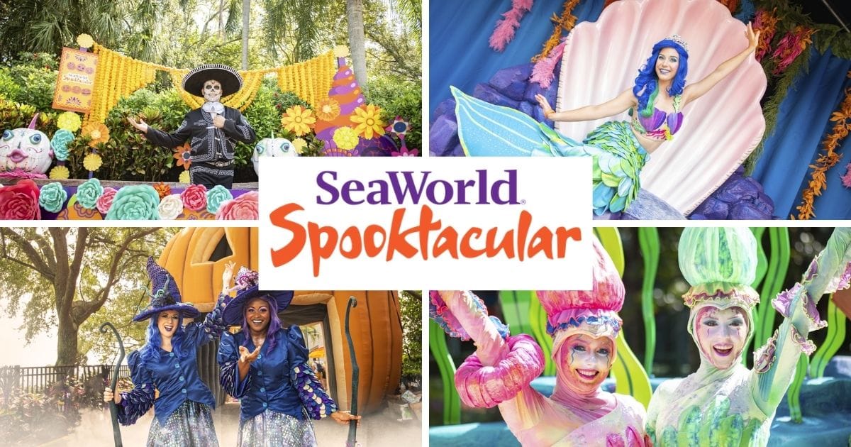 SeaWorld Orlando Halloween Spooktacular 2026 Adds Hotel Transylvania Monster Breakfast 7 Children in costumes collecting treats along the SeaWorld Orlando Spooktacular trail.