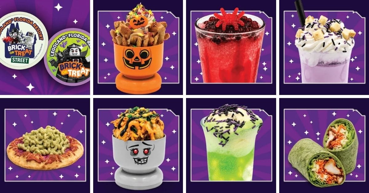 Complete Guide to LEGOLAND Florida Brick or Treat 2026: Dates, Pricing, and New Offerings 6 A selection of colorful Halloween food items from the Legoland Monster Menu