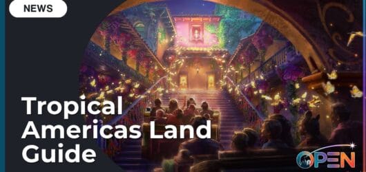 Concept art of the upcoming Tropical Americas land at Disney's Animal Kingdom, featuring the magical Casita from Encanto with glowing yellow butterflies and guests looking on.