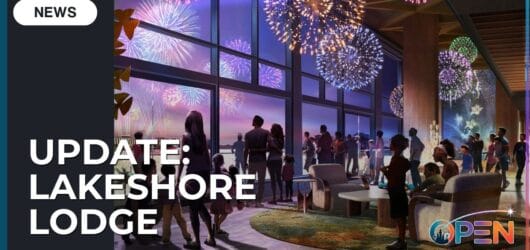Disney's Lakeshore Lodge Updates: Lobby, Dining, and 967 Rooms Revealed 5 News graphic titled "Update: Lakeshore Lodge" featuring fireworks viewing concept art and the OPEN logo.