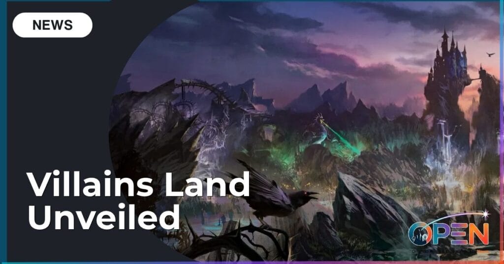 Concept art for Villains Land at Magic Kingdom, featuring a dark forest, thorny brambles, a foreboding mountaintop castle, and a giant raven overlooking the expansion.