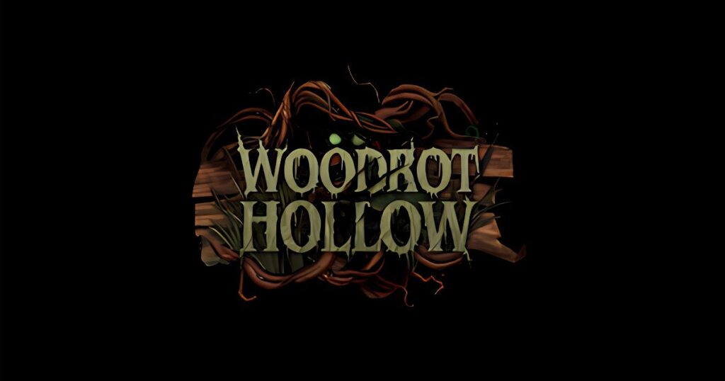 SeaWorld Orlando Spooktacular & Howl-O-Scream 2026 3 The text Woodrot Hollow in a distressed green font, surrounded by thick, twisted brown roots and glowing green eyes lurking in the shadows.