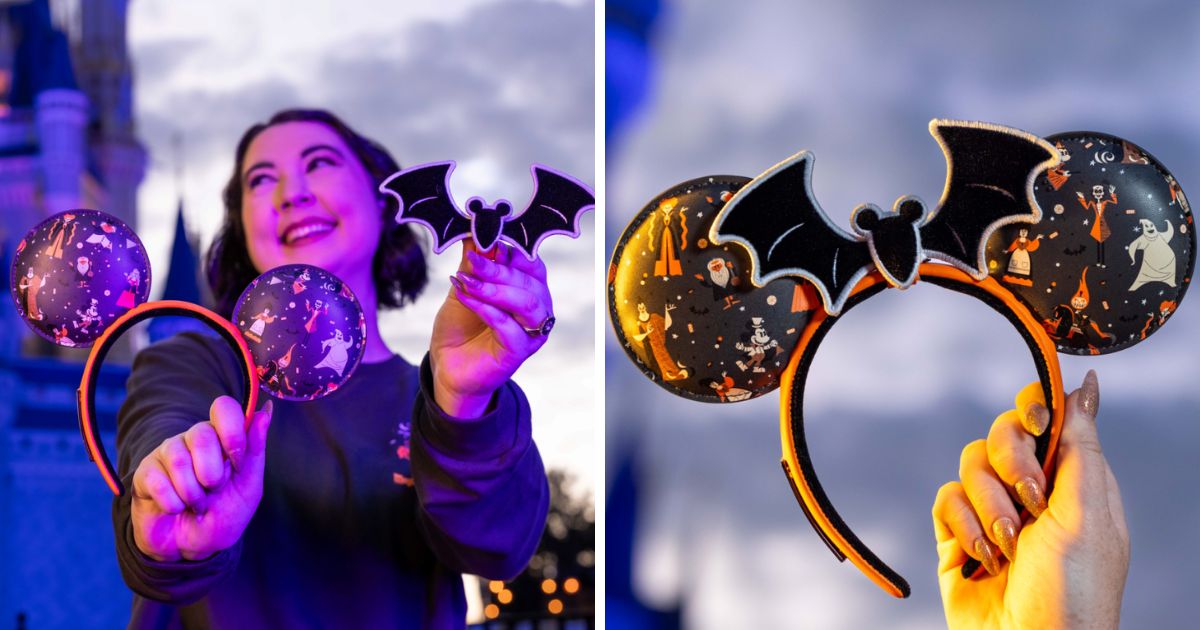 Official 2026 glow-in-the-dark Minnie ear headband featuring a removable bat bow.